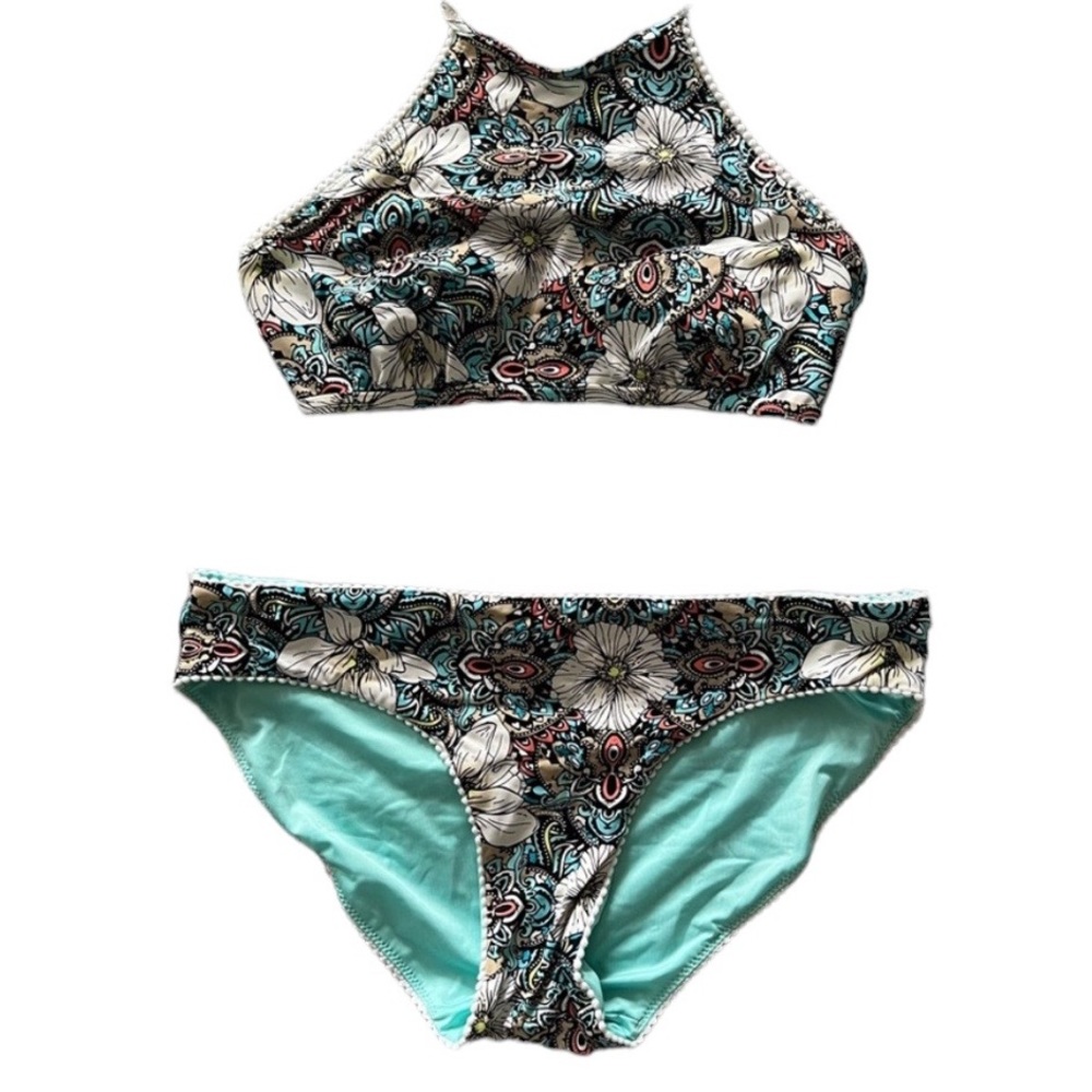 La Vie En Rose - Turquoise Floral Bikini - SMALL TOP MEDIUM BOTTOM